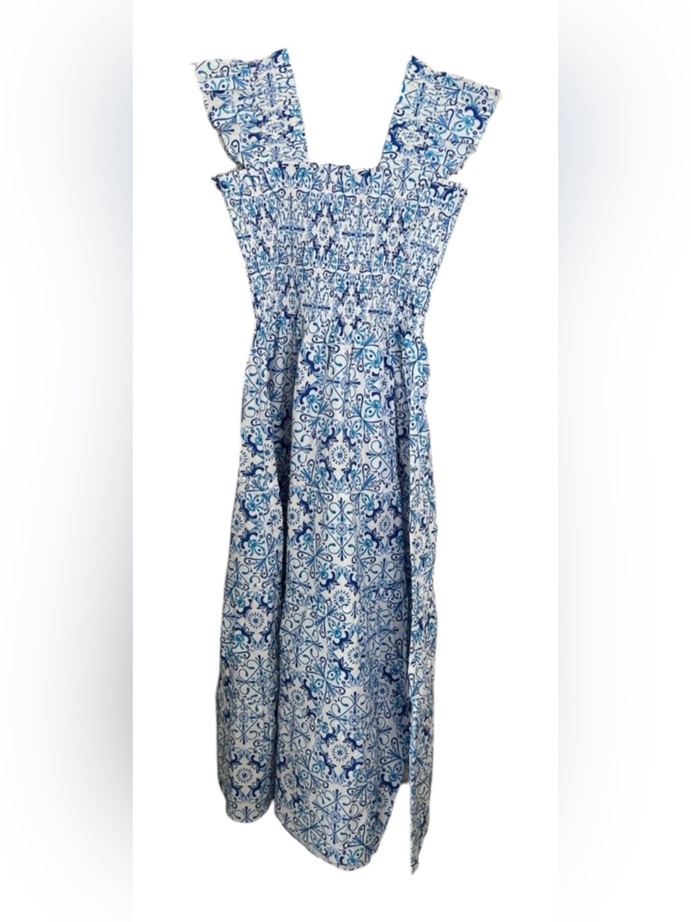 Hill House Home Blue Tile Print Smocked Midi Dress – Size Medium - Picture 10 of 16